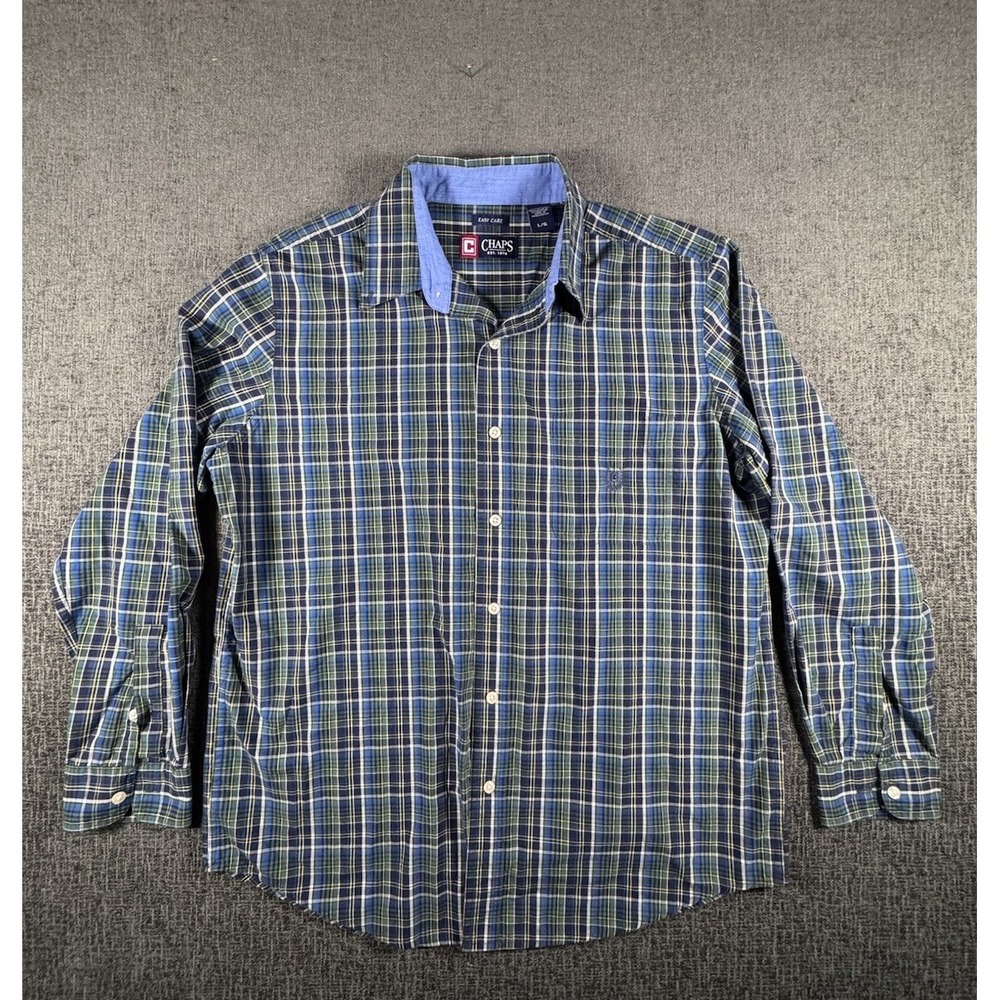 Chaps Mens Size L Easy Care Button Down Long Sleeve Plaid Shirt Blue Green White